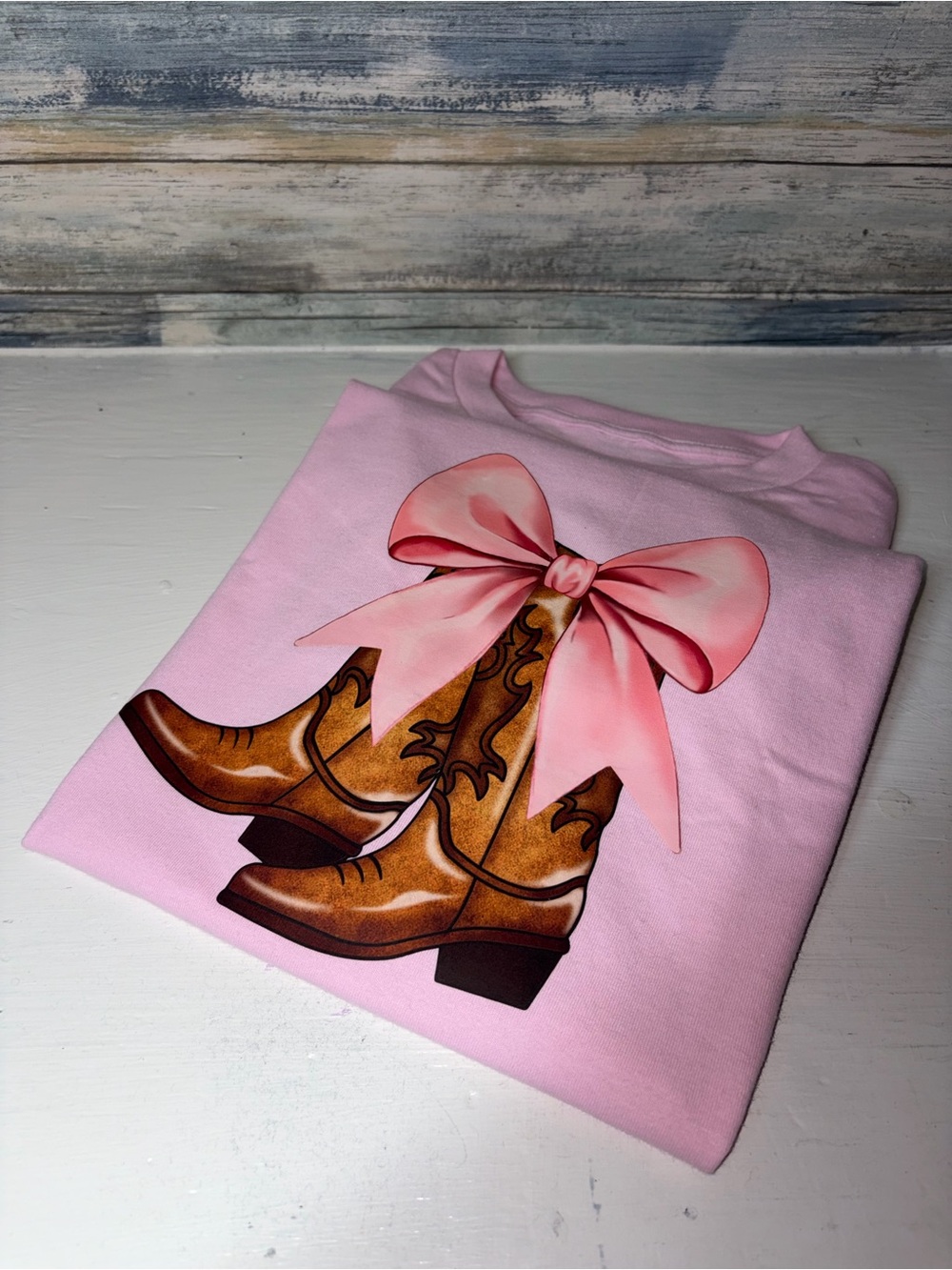 New pink short sleeve graphic design t shirt top tee western boots bow blouse